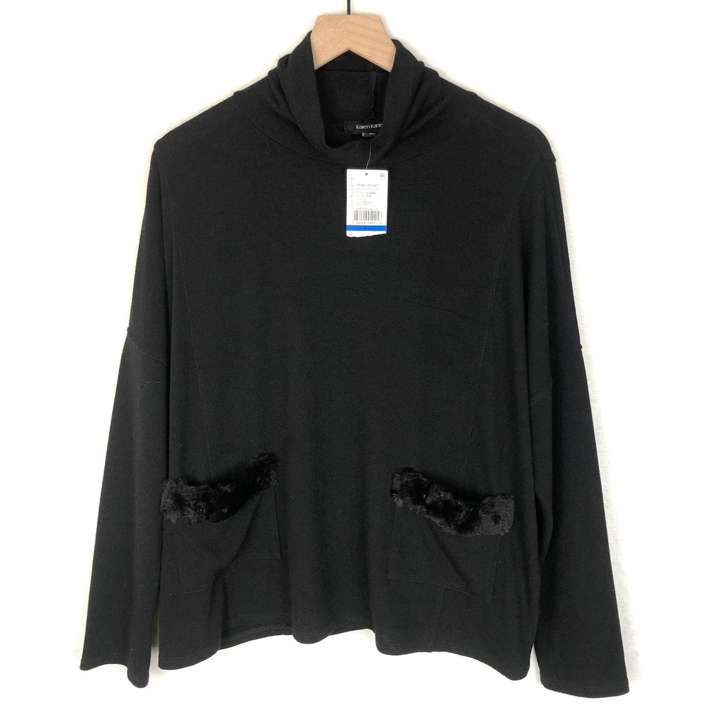 NWT KAREN KANE Faux Fur Pocket Sweater Women's Sz XL Black Long Sleeve USA NEW